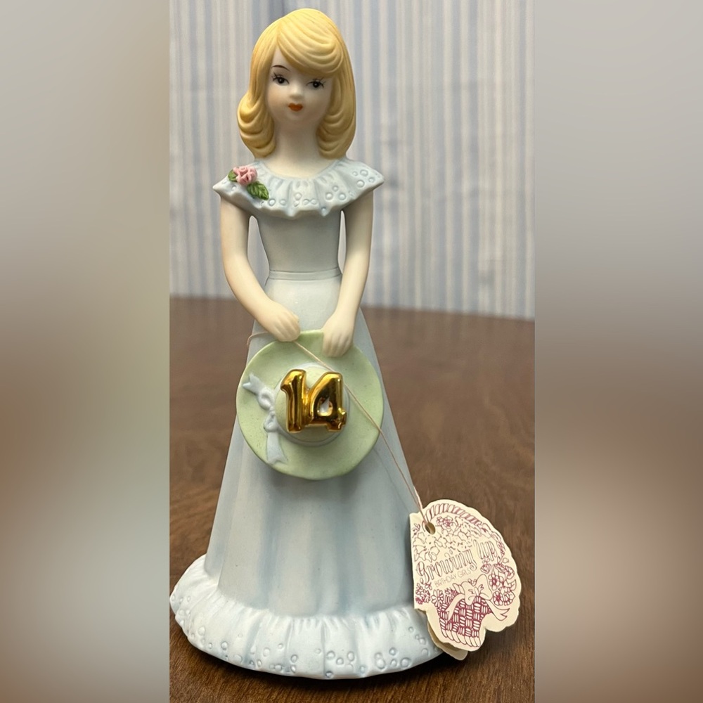 Enesco Blonde Girl Ceramic Figurine with Blue Dress (1981)